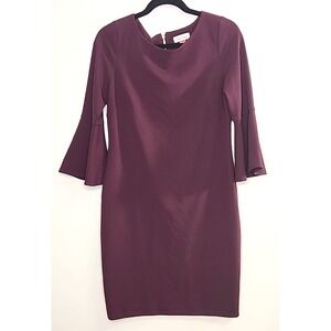 Calvin Klein Womens 12 Petite Deep Plum Midi Dress Bell sleeve Corpcore Polished